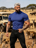 Summer Breathable Solid Color Half-Neck Short Sleeve 2pcs Set Men'S Shaping Slimming High-Elastic Fabric Light Luxury Fashion Fitness Sports Daily Wear Easy Premium Feel Versatile Base Top - Blue