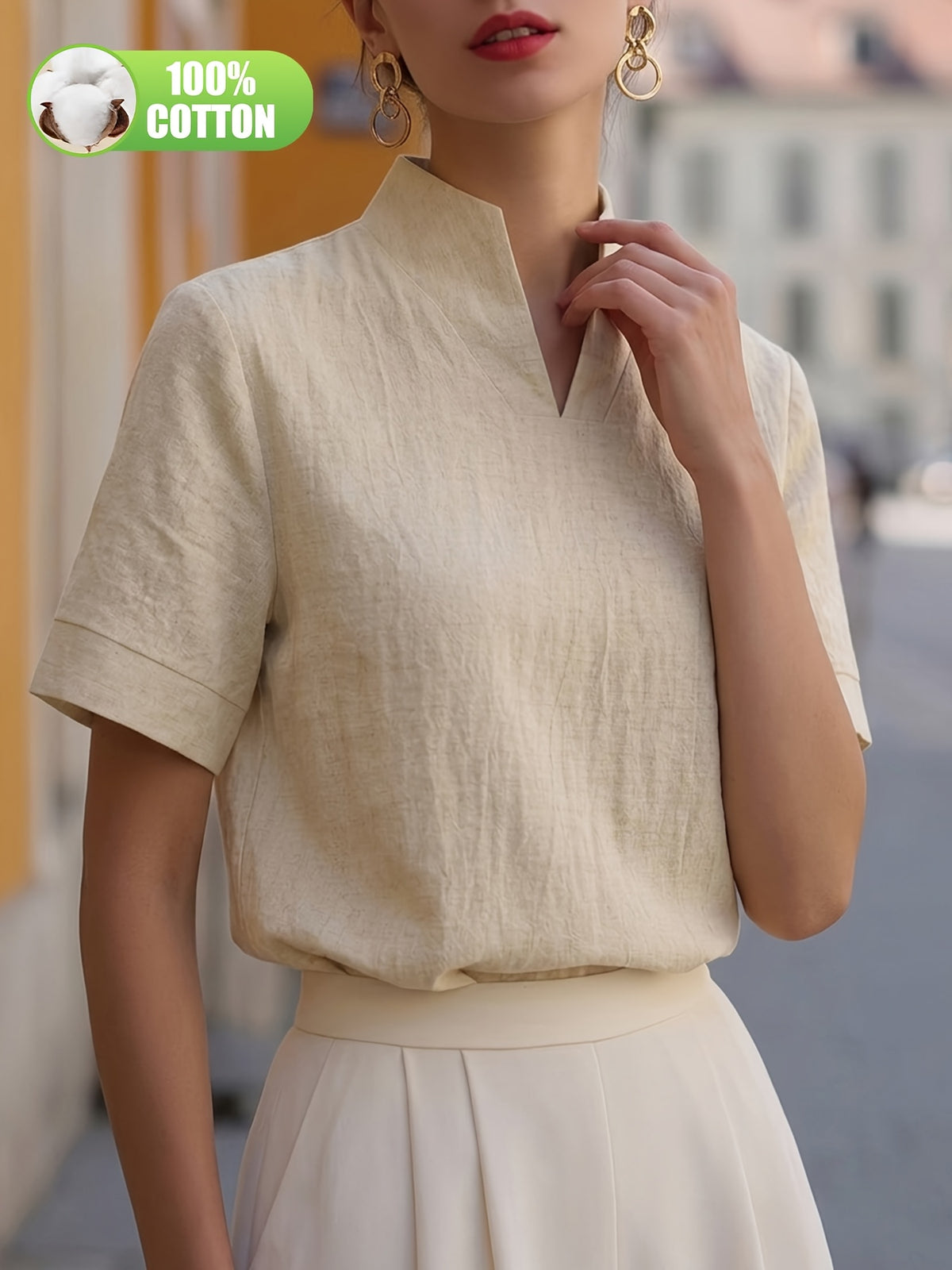 Elegant and Summer New Style Fashionable 100% V-Neck Back Zipper Short Sleeve Everyday Versatile T-Shirt Top ASD1 for Women of Distinguished Temperament - Linen