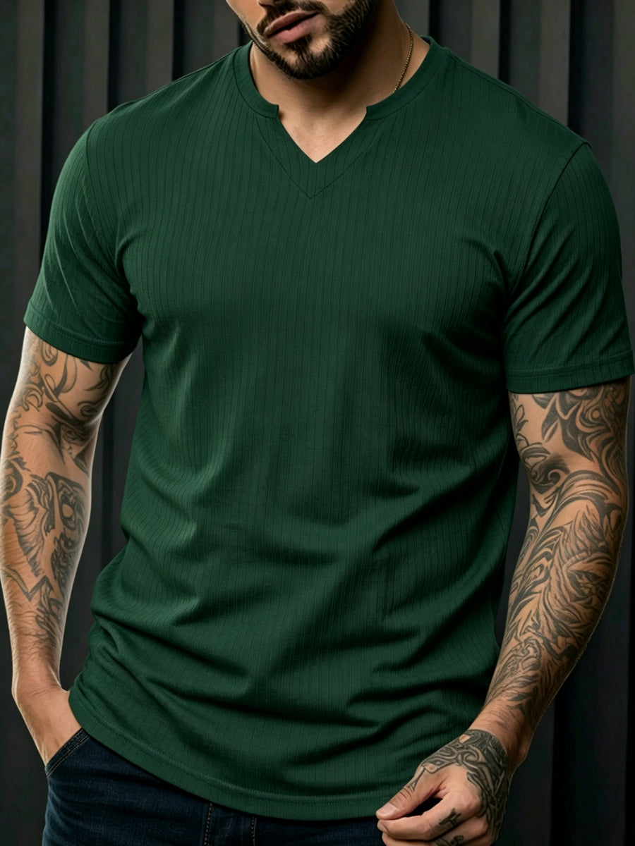 [Qiaoximei OBM] Pinstripe Henley Shirt, Solid Color Easy Casual T-Shirt, Comfortable Soft Breathable Fabric, Suitable for Men'S Daily Work And Beach Vacation Wear, Fashionable Athletic Clothing - Green