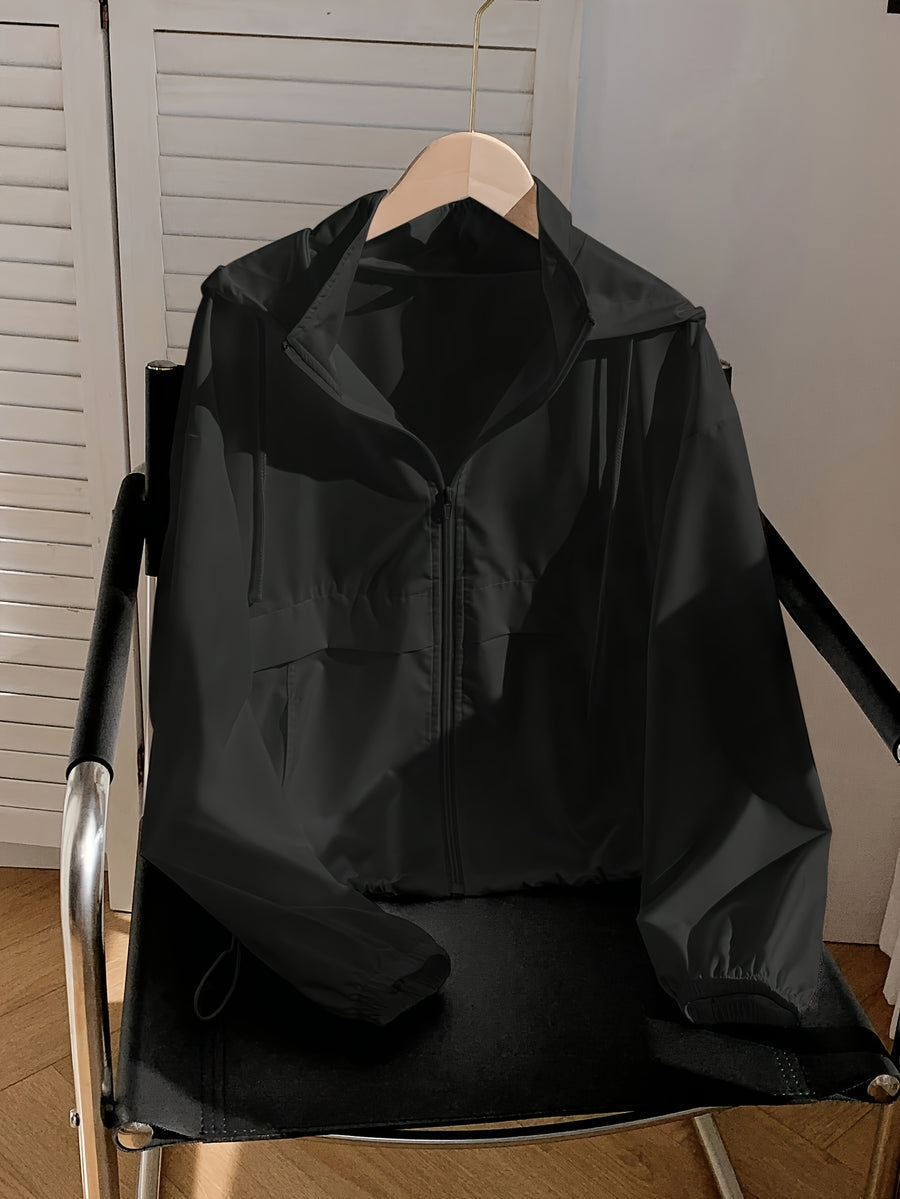Women'S Solid Color Casual Drawstring Hooded Jacket, Stylish Windbreaker with Pockets, Long Sleeve Stand Collar Zip-Up Top - Black
