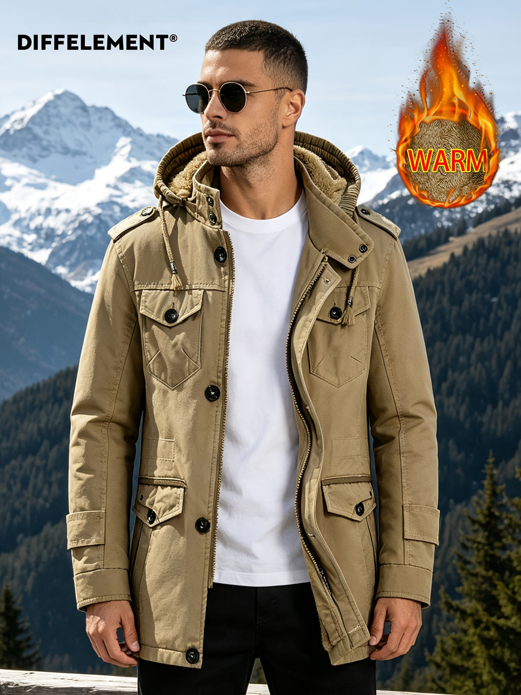 DIFFELEMENT Men's Outdoor Workwear Style Mid-Length Hooded Parka Coat with Fleece-Lined Thickened Lamb's Fleece Interior, Hood, Zipper, Button Double Front Closure, Windproof Multi-Pocket Design, Cold-Resistant, Wear-Resistant, and Warm Padded Coat - Khaki