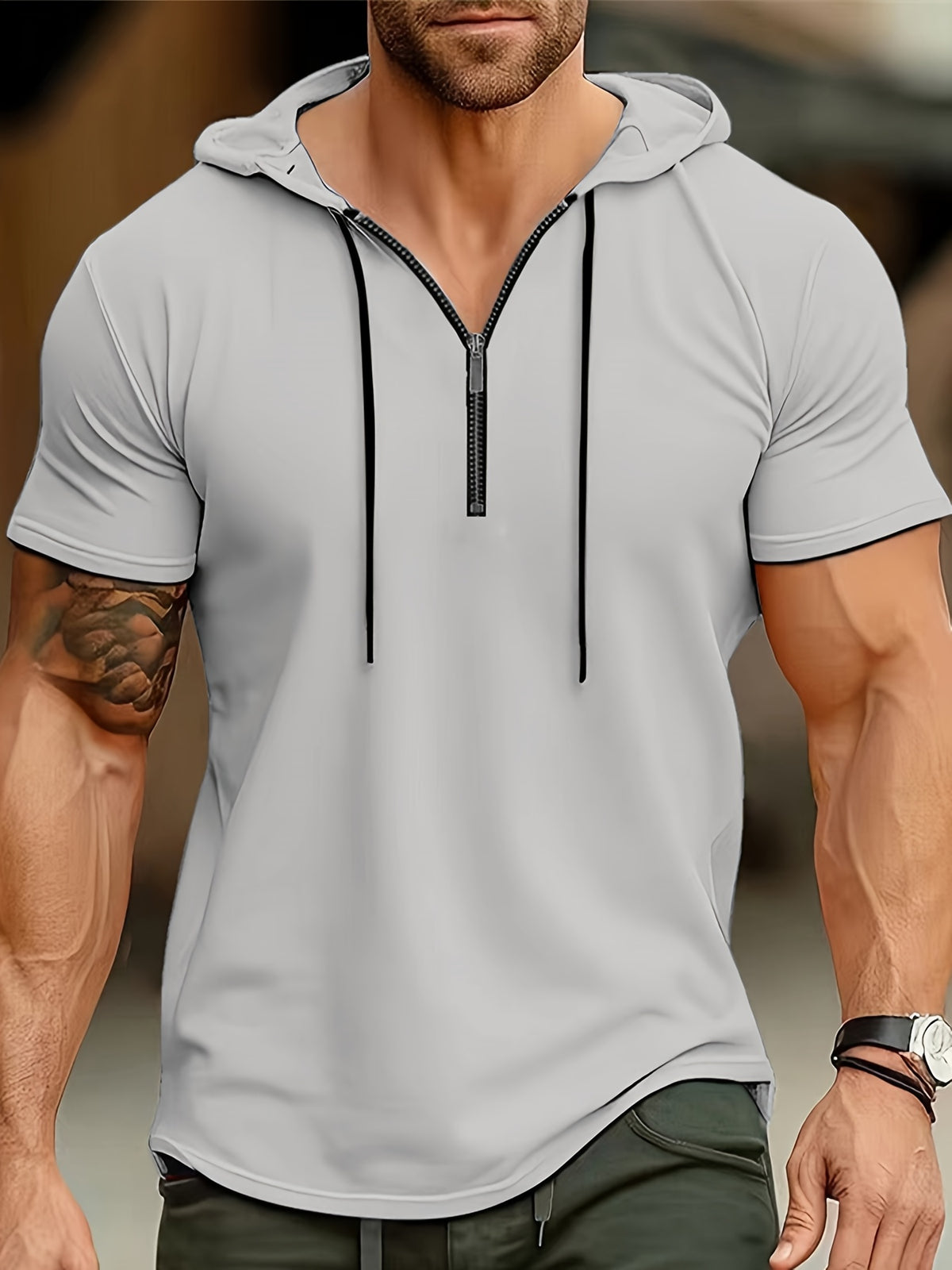 1 Men's Casual Henley Shirt, Men's Sportswear Fitness Hooded Short-Sleeve T-Shirt, Summer Hooded Sports Top T-Shirt - Light Grey