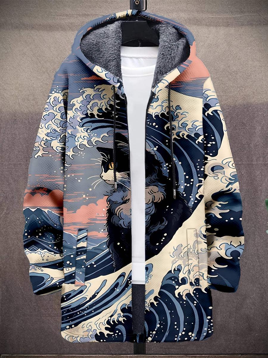 Vintage Japanese Art Wave Pattern Printed Fashion Men's Plush Thick Long-Sleeved Cardigan Coat Winter Warm Zipper Hooded Coat - Khaki