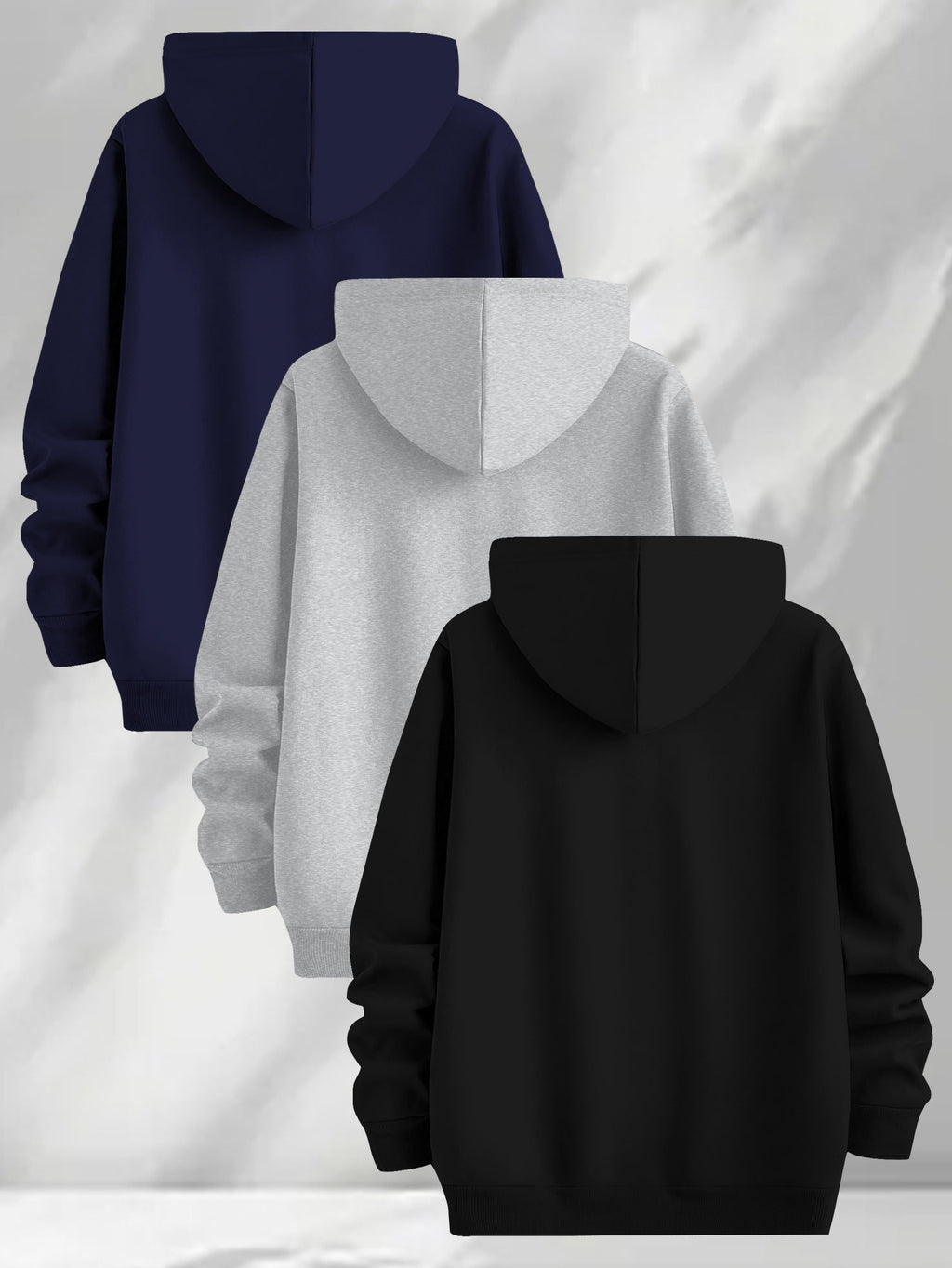 3pcs Urban Element Print Sweatshirt, Men's Casual Hooded Sweatshirt, Long-sleeve Pullover, Slight Stretch, Knitted Polyester Fabric, Regular Men's Hoodie - Dark Blue + Light Gray + Black