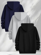 3pcs Urban Element Print Sweatshirt, Men's Casual Hooded Sweatshirt, Long-sleeve Pullover, Slight Stretch, Knitted Polyester Fabric, Regular Men's Hoodie - Dark Blue + Light Gray + Black