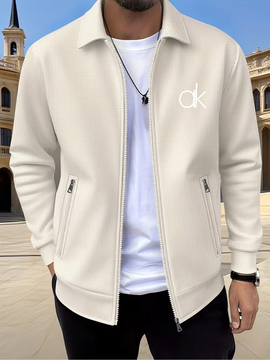 Men'S Waffle Texture Lapel Jacket - Minimalist Letter Print - Premium Texture And Layered Feel - Soft, Breathable, Comfortable, Versatile - Functional Pockets for Storage - Ideal for Business Commute, Casual Wear, And Travel - Khaki 1