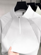 Men's Half-Zip Henley Polo Shirt Short-Sleeve T-Shirt - Summer Zip-Front Collar, Asymmetric Hem & Patchwork Suitable for Outdoor Sports, Casual Wear, Work, Machine Washable Solid Color Stand Collar Shirt - White