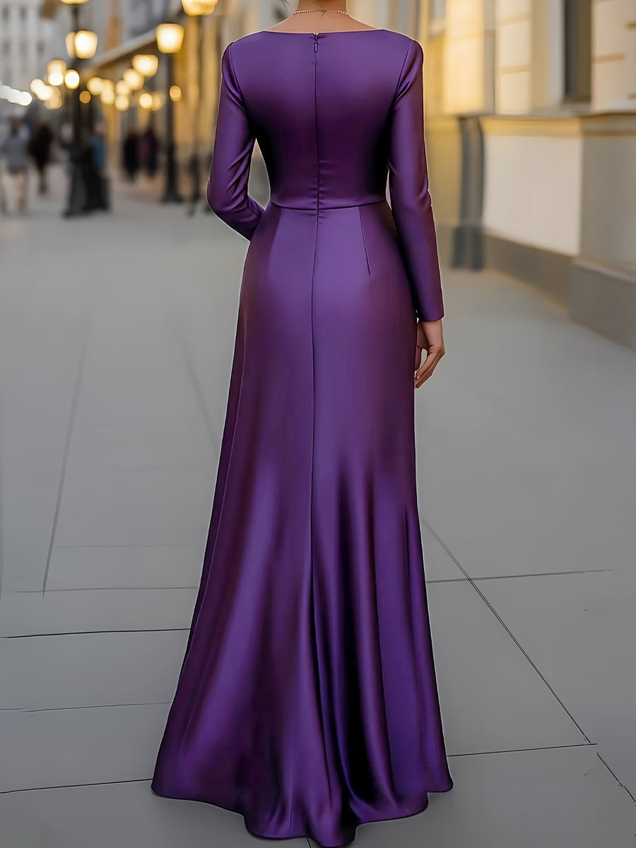 Elegant Women'S Dress Satin Asymmetrical Slit Pleated Evening Gown, Suitable for Dinner Parties, Red Carpet Events, Or Formal Banquets - Purple
