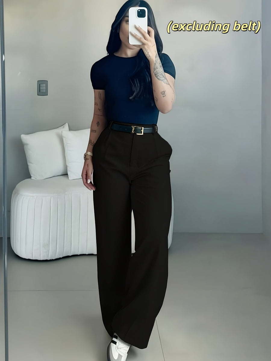 Elegant Easy Design Flare Pants for Women | Chic Solid Color, Suitable for Commuting, Office, and Casual Attire Not Included (excluding Belt) - Black