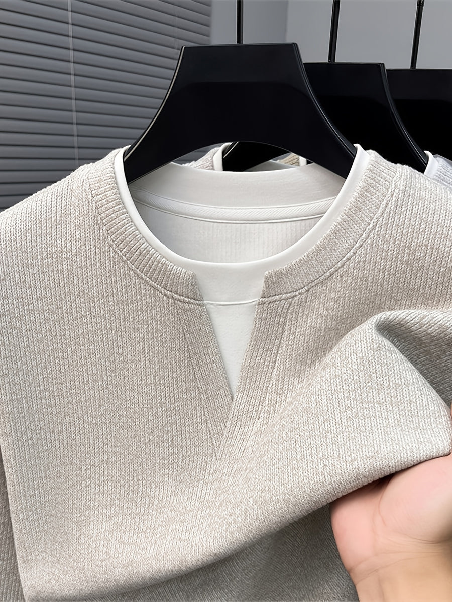 Men's Vertical Stripe V-Neck 2-in-1 Look Long-Sleeve Pullover Top, Regular Shoulder Long Sleeves, Ribbed Cuffs and Hem, Can Be Worn Alone or as a Layering Piece - SINBOS - Off White
