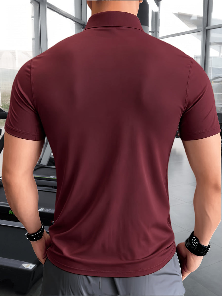 Men'S Muscular Fitness High-Elastic Training Quick-Dry Fitness Wear, Individual Print Patterns, Slim Fit Summer Casual Short Sleeve Shirt T-Shirt - Breathable Elastic Fabric, Stand-Up Collar Design with Open Chest Zipper - Burgundy