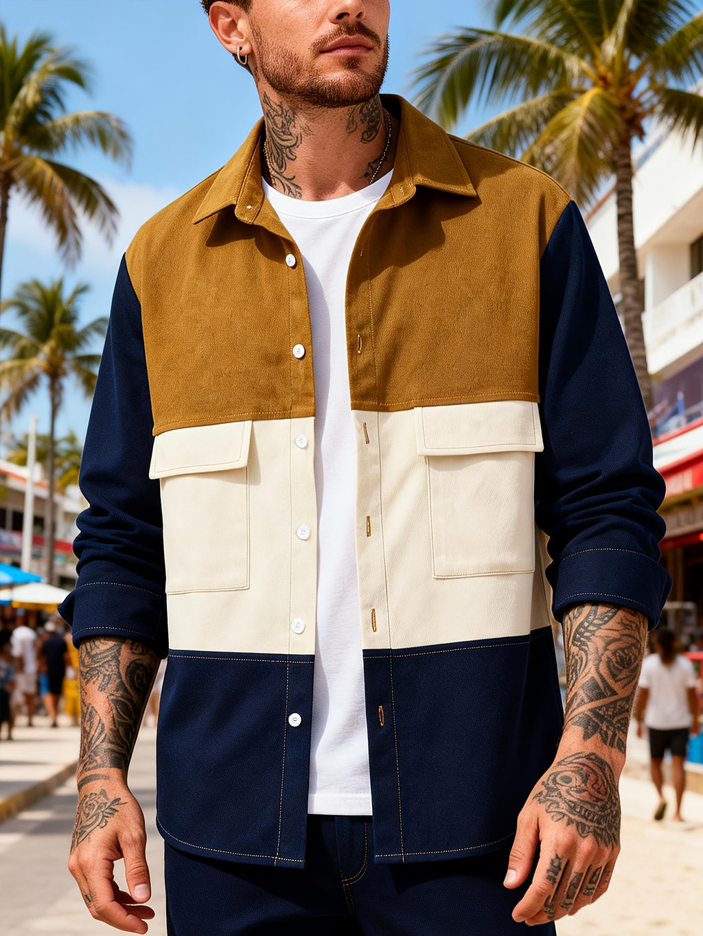 Men's Gift, Contrast Color Spliced Lapel Double Pocket Design Casual Fashion Daily Outing Commuter Versatile Spring Autumn New College Style Trendy Hoodie Jacket - Navy Color