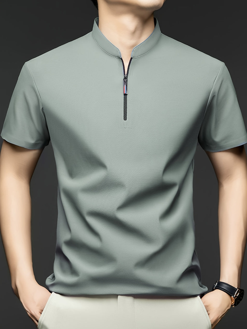 Summer Men'S Short Sleeve T-Shirt, Classic Mandarin Collar with Half Zipper, Smooth And Wrinkle-Resistant, Self-Cooling, Good Drape, Essential Top for Daily, Dating, And Light Business - Bean Green