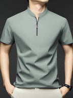 Summer Men'S Short Sleeve T-Shirt, Classic Mandarin Collar with Half Zipper, Smooth And Wrinkle-Resistant, Self-Cooling, Good Drape, Essential Top for Daily, Dating, And Light Business - Bean Green