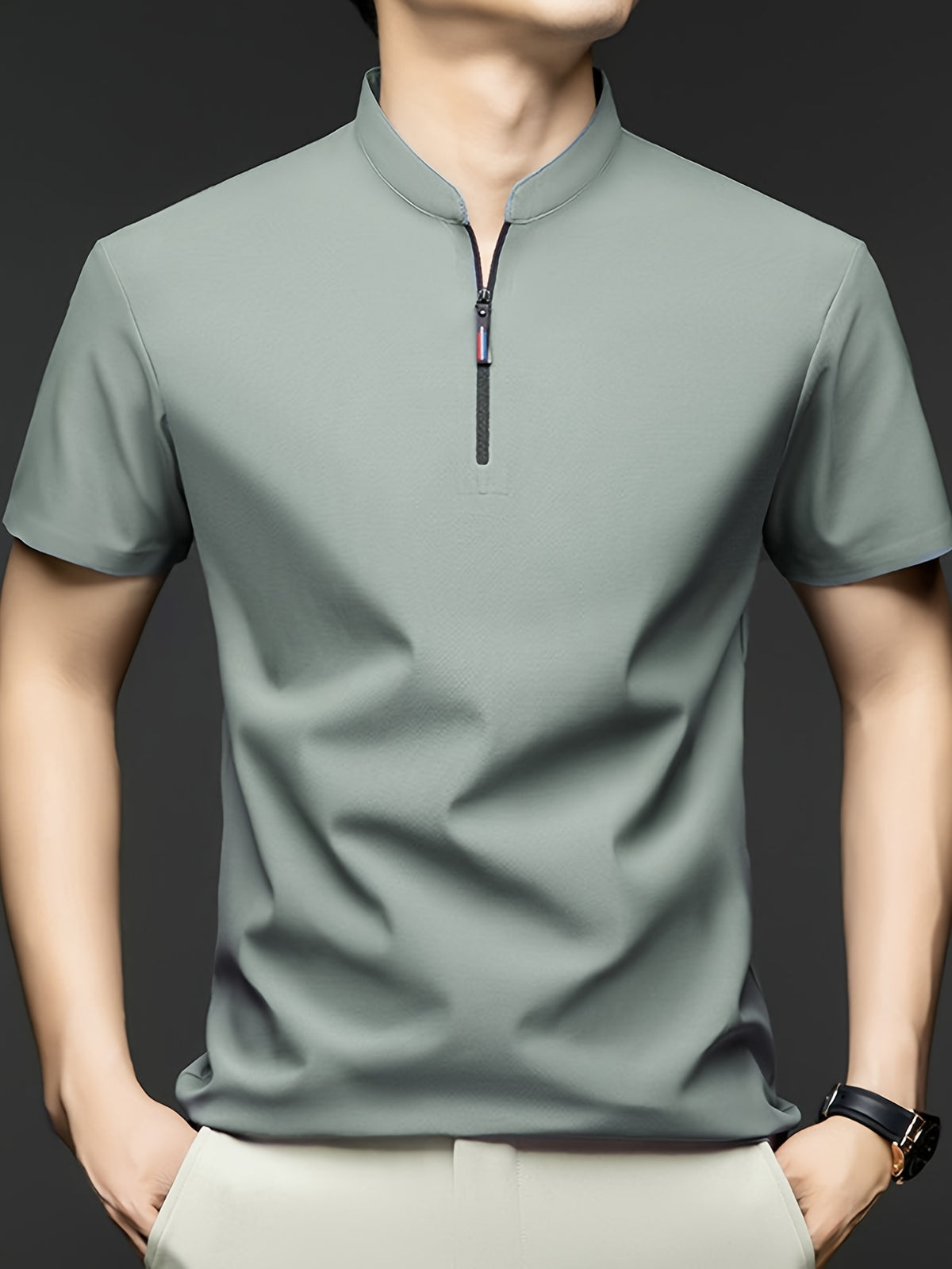 Summer Men'S Short Sleeve T-Shirt, Classic Mandarin Collar with Half Zipper, Smooth And Wrinkle-Resistant, Self-Cooling, Good Drape, Essential Top for Daily, Dating, And Light Business - Bean Green
