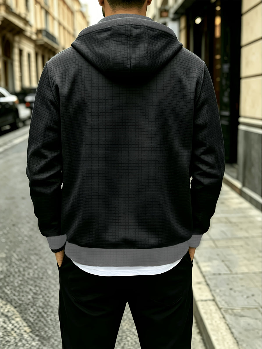 Men'S Fashion Hooded Color-Block Waffle Jacket, Zipper with Drawstring Coat, Suitable for Daily Commute, Outdoor Casual Sports Jacket - Black