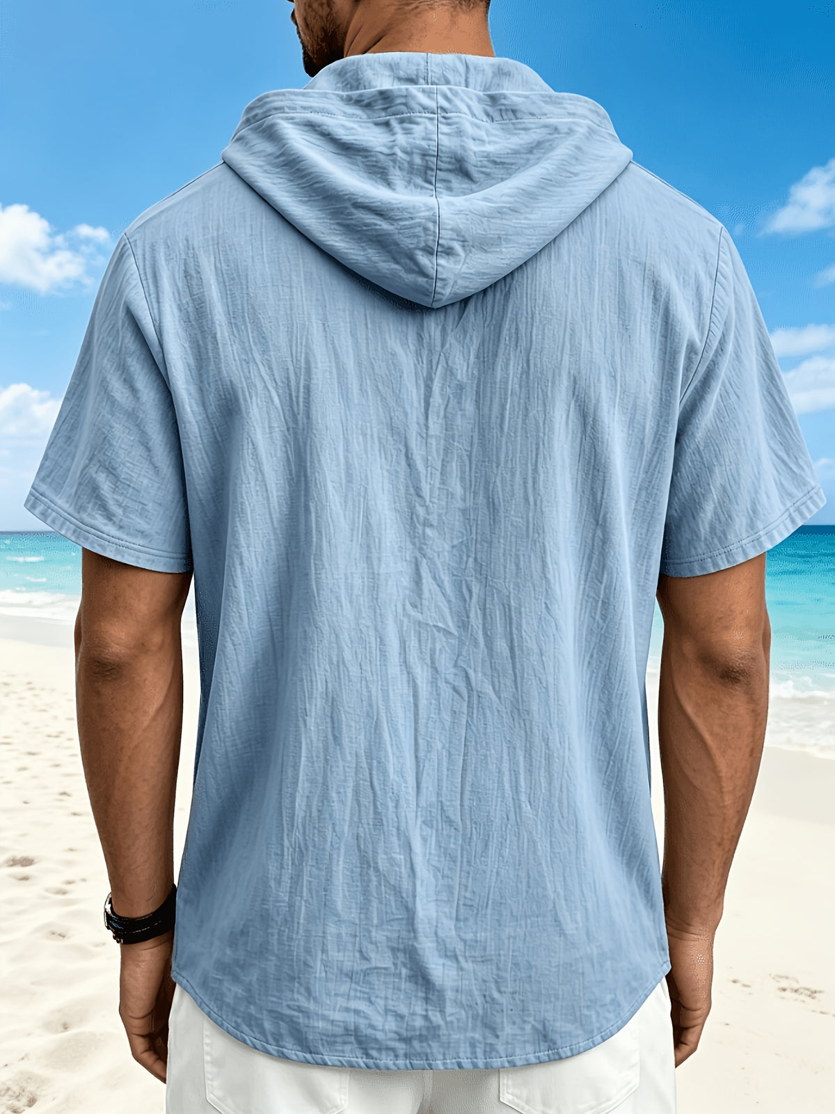 Men'S Linen Hooded Short Sleeve T-Shirt, Lightweight Breathable Ice Cool Half-Zip Design, Casual Solid Color Loose Top, Summer New Multicolor Optional, Versatile Hoodie - Sky Blue