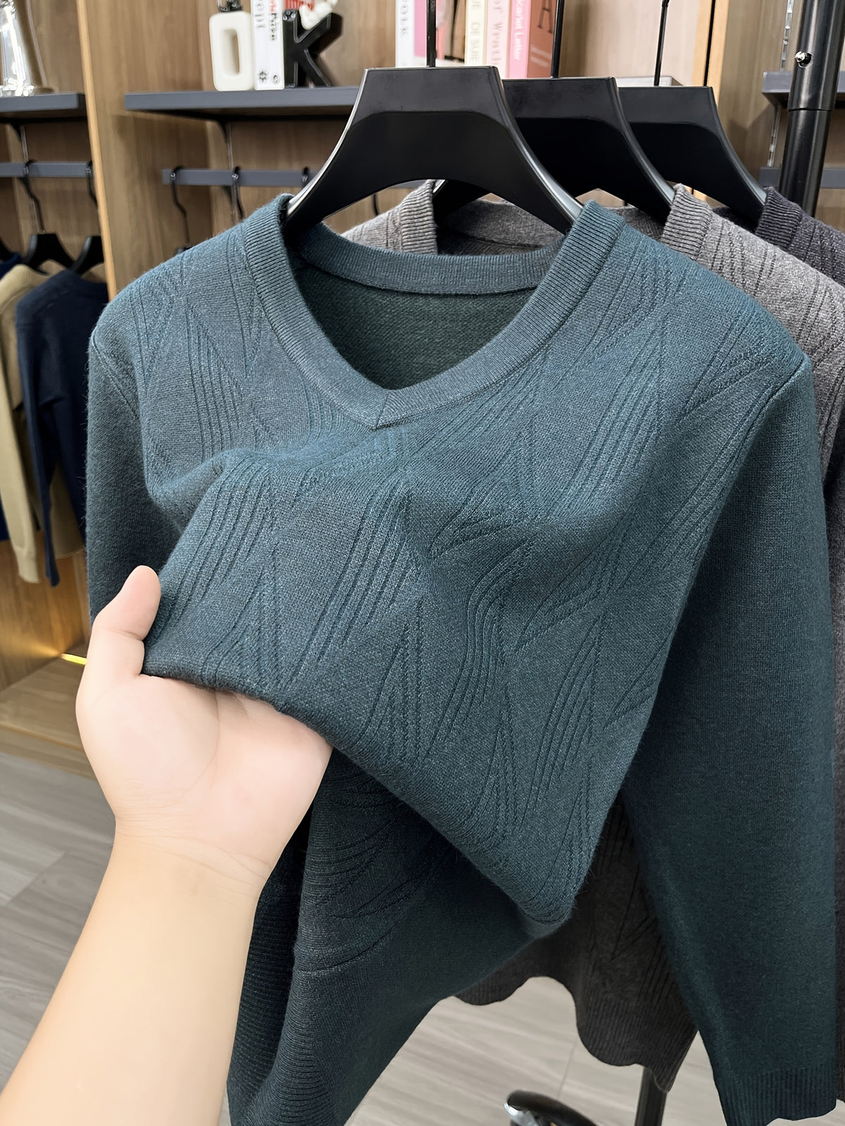 Men'S Autumn Winter New Casual Easy Long Sleeve Knit V-Neck Warm Sweater - Green