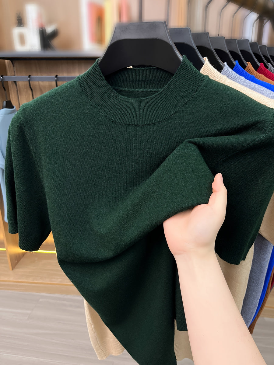 [Wading Whale OBM] 1pc Spring Summer New Men'S Knit Pullover Sweater, Old Money Style Textured Solid Color Short Sleeve T-Shirt, Casual Fashion Thin Breathable Ribbed Pullover Sweater Base Layer Top, Suitable for Spring And Summer Wear - Dark Green