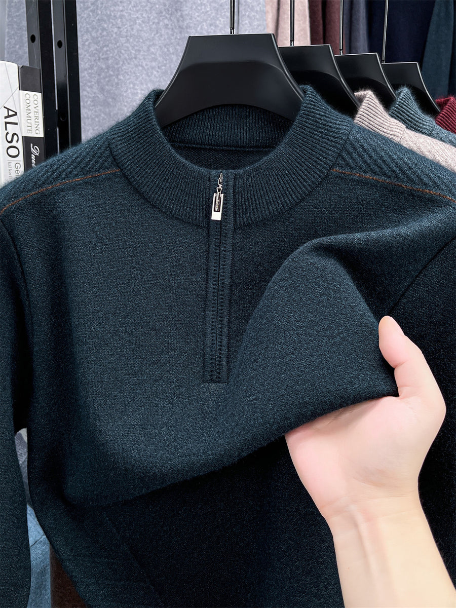Autumn/Winter Knitted Solid Color Crew Neck Half-Zip Sweater, Basic Knit Pullover, Men's Fashion Long Sleeve Knitwear, QS - Blue Black
