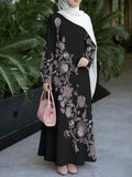 Women'S Hot Middle Eastern Style Muslim Elegant Robe, Black Base Purple Tone Floral Full Print Long Dress, Loose Long Sleeve Flared Silhouette, Outing Prayer Gathering Outfit, Smooth Fabric Non-Embroidered Craft - Mixed colors