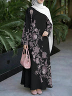 Women'S Hot Middle Eastern Style Muslim Elegant Robe, Black Base Purple Tone Floral Full Print Long Dress, Loose Long Sleeve Flared Silhouette, Outing Prayer Gathering Outfit, Smooth Fabric Non-Embroidered Craft - Mixed colors