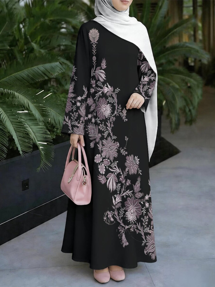 Women'S Hot Middle Eastern Style Muslim Elegant Robe, Black Base Purple Tone Floral Full Print Long Dress, Loose Long Sleeve Flared Silhouette, Outing Prayer Gathering Outfit, Smooth Fabric Non-Embroidered Craft - Mixed colors