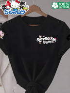 Women'S Round Neck 100% Short Sleeve T-Shirt, Hello Kitty Classic Red Bow Heart Pattern Cartoon Print Design, Casual Comfortable Everyday Versatile Short Sleeve Tee, Women'S Fashion Trendy Spring Summer Fall Casual Short Sleeve Top, Home Party Wear - Black