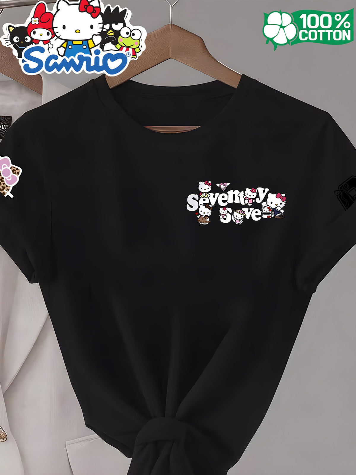 Women'S Round Neck 100% Short Sleeve T-Shirt, Hello Kitty Classic Red Bow Heart Pattern Cartoon Print Design, Casual Comfortable Everyday Versatile Short Sleeve Tee, Women'S Fashion Trendy Spring Summer Fall Casual Short Sleeve Top, Home Party Wear - Black