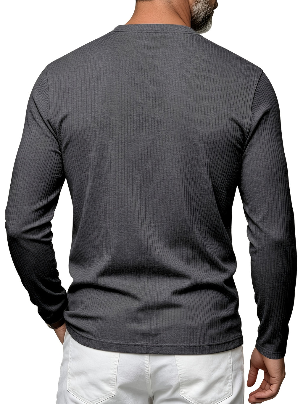 Men's Vertical Pin-Stripe V-Neck Henley Long-Sleeve T-Shirt, Slim Fit Stretch Textured Top, Spring/Autumn Casual Base Layer Men's Apparel - Grey