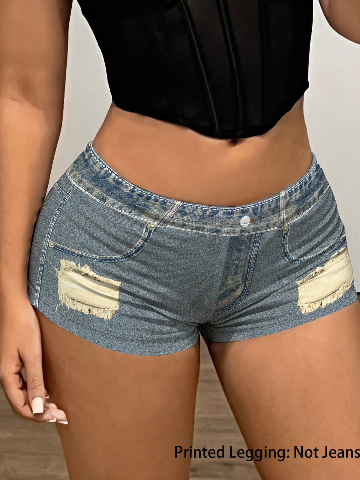 [Printed Pants - Not Denim Fabric]Printed Leggings - Not Made of Faux Denim Fabric. Summer Women'S Trendy Ultra-Short Pants with a Faux Denim Print, Featuring Distressed Elements And Elastic Material for a Comfortable Fit. A Must-Have for Summer Out - Bright Steel Blue