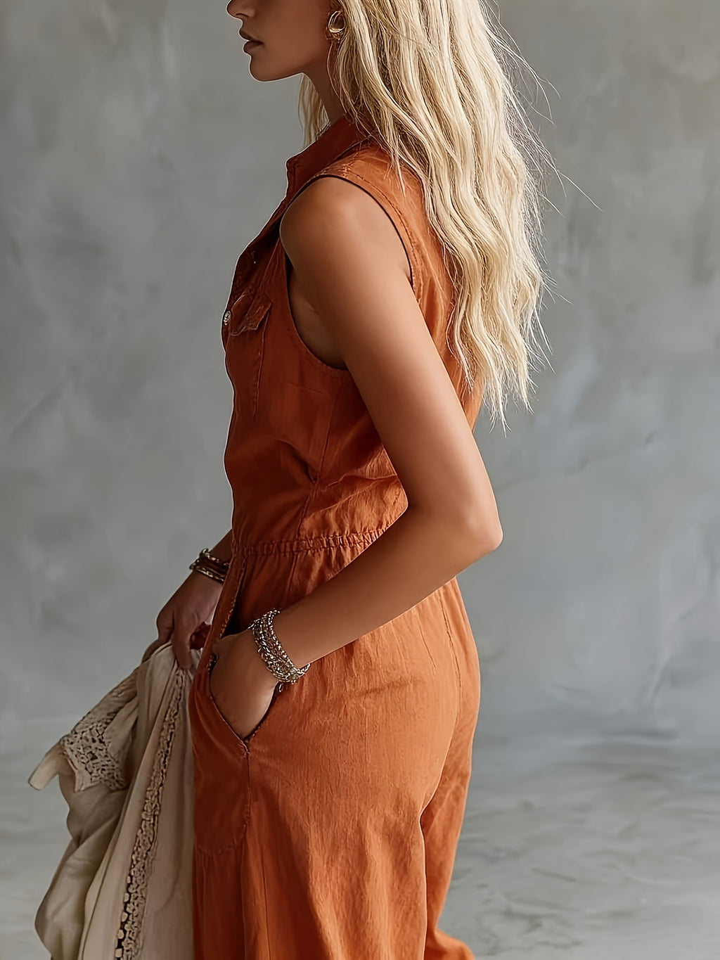 New Spring Summer American Style Sleeveless Lapel Jumpsuit, Loose Wide-Leg Fit, Lazy Vacation Casual Set - Orange-Red
