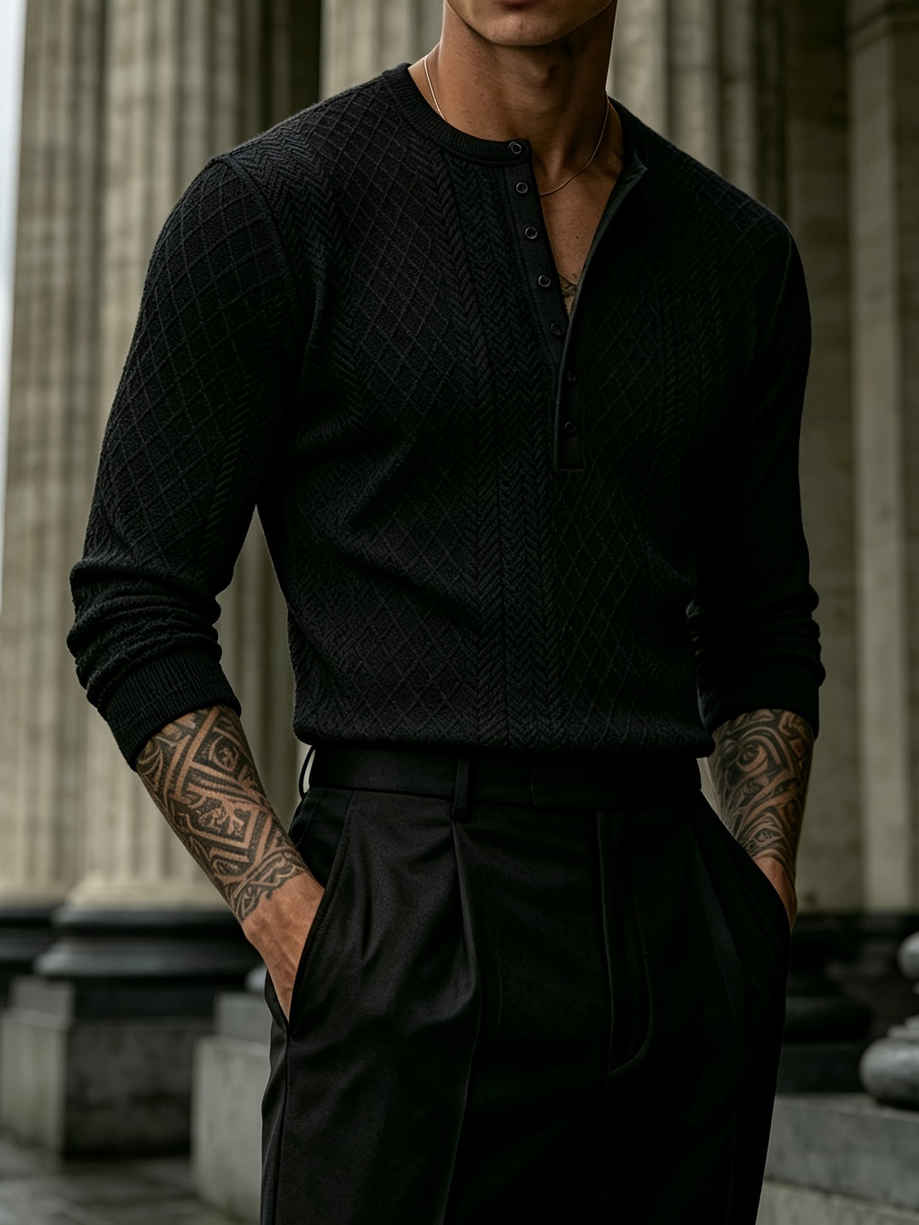 Joshmei OBM Black Friday Men's Dark Gray Geometric Knit Henley Neck Top, Diamond Weave Jacquard Pattern, Refined Casual Style, Autumn/Winter Slim Fit Long Sleeve Pullover, Suitable for Daily Commuting, Streetwear, and Weekend Gatherings - Black