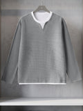 Men's Waffle Knit 2-in-1 Look Long Sleeve T-Shirt, Small V-Neck Patchwork Design, Breathable Textured Fabric Loose Fit, Daily Commute Home Casual Top, Versatile Spring and Autumn Base Layer for Inner or Outer Wear - Light Grey