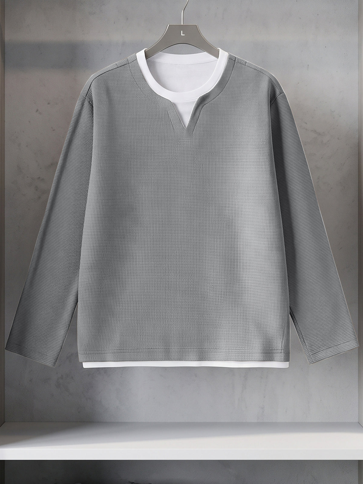 Men's Waffle Knit 2-in-1 Look Long Sleeve T-Shirt, Small V-Neck Patchwork Design, Breathable Textured Fabric Loose Fit, Daily Commute Home Casual Top, Versatile Spring and Autumn Base Layer for Inner or Outer Wear - Light Grey