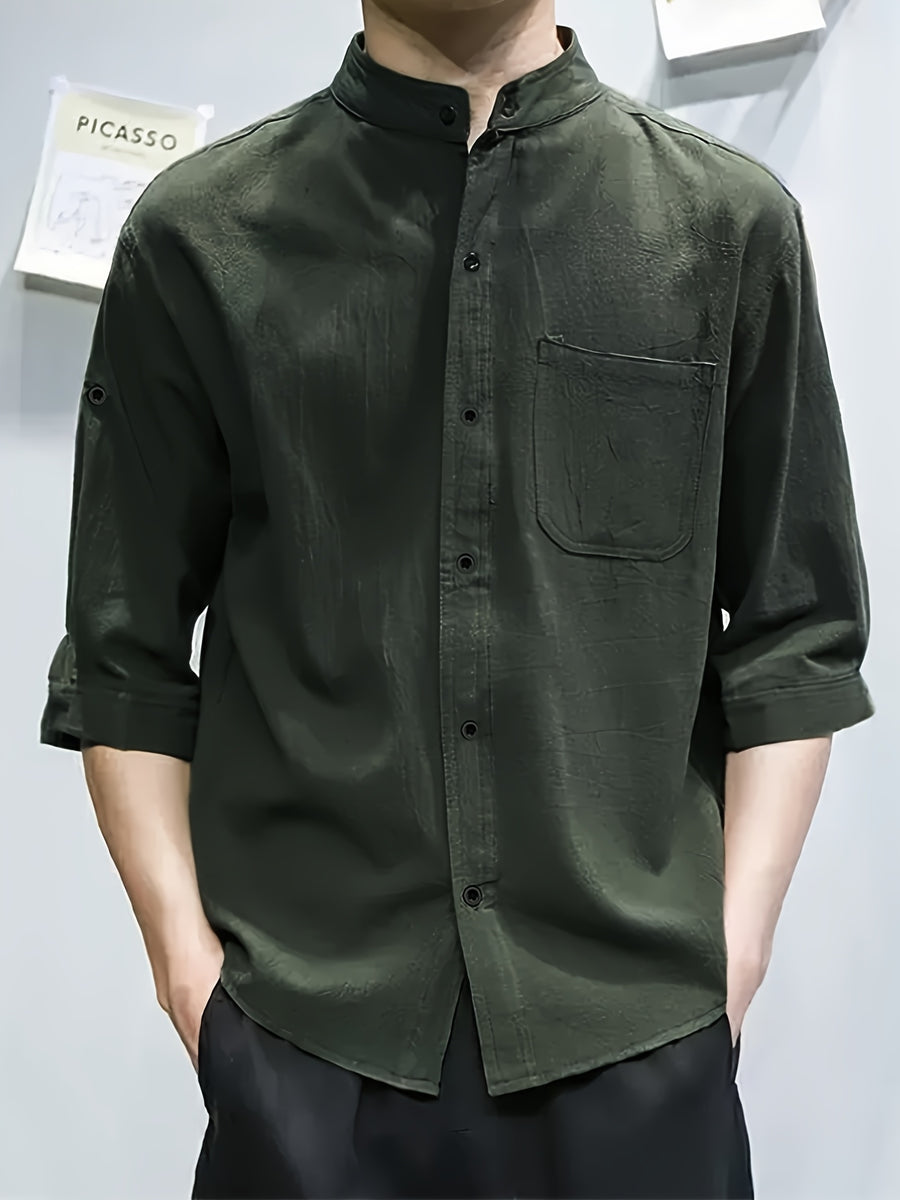 New Loose-fitting Chinese-style Stand-up Collar Men's Shirt, Comfortable and Breathable Linen Men's Mid-length Sleeve Shirt, Simple and Versatile Men's Casual Shirt. - Olive Green
