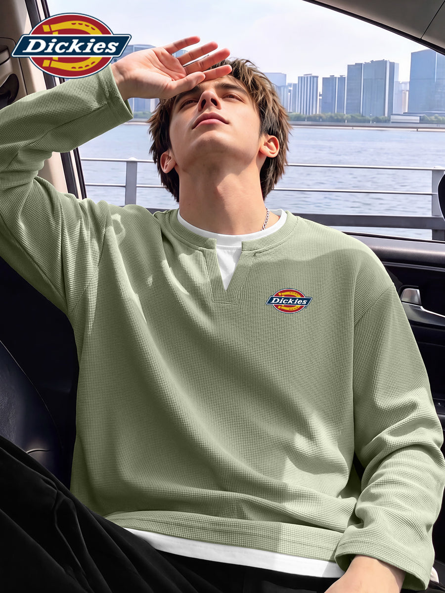 Dickies 2026 New Faux Two-Piece Structured Long Sleeve T-Shirt Waffle Fabric Men'S All-Season Trendy American Retro Cut Design Statement Tee Men'S Waffle Faux Two-Piece V-Neck Long T - Palm Green
