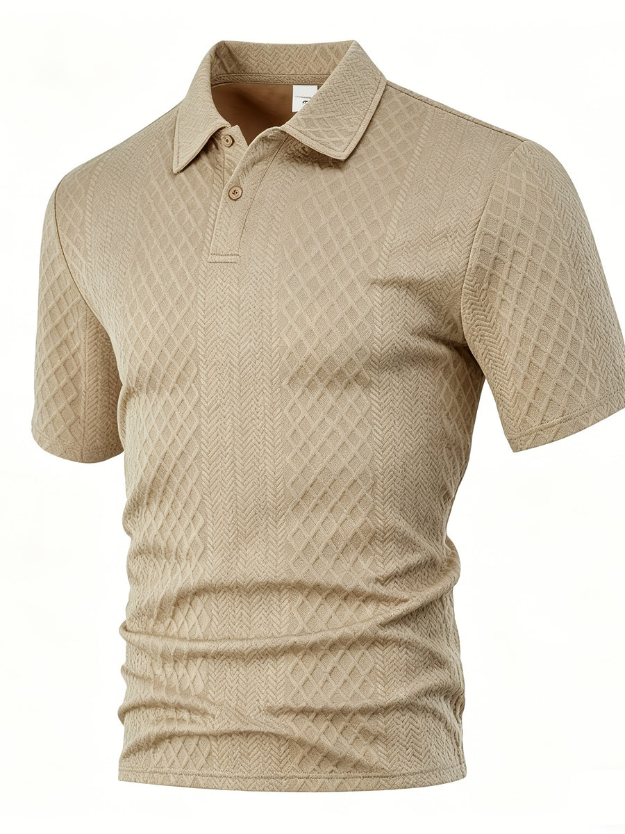 Men'S Summer Jacquard Short-Sleeve Polo Shirt, Button-Up Collar Design, High-Stretch Textured Fabric, Suitable for Business Office Casual Wear - Khaki
