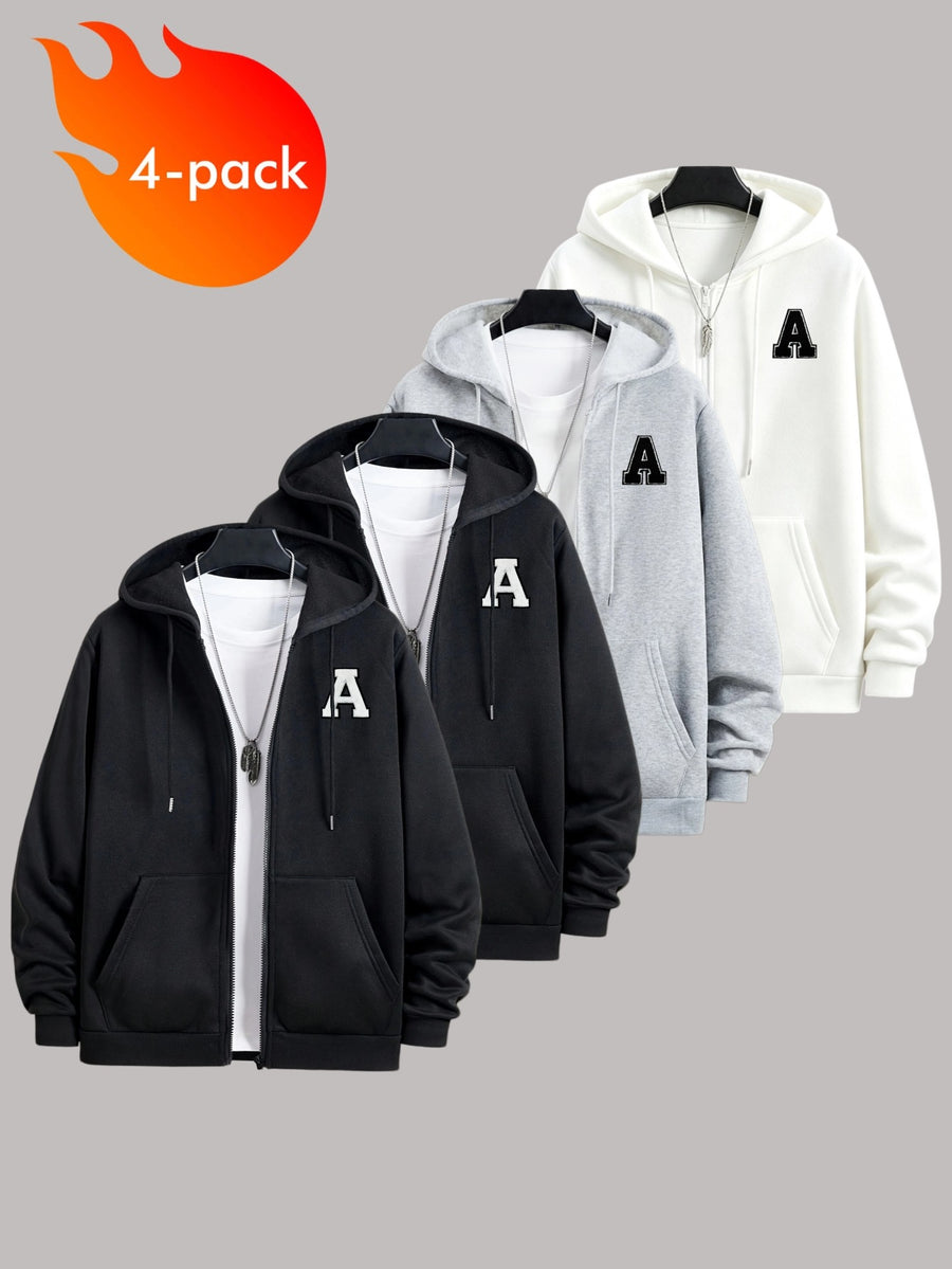 50% Cotton, 50% Polyester, 4pcs Men's Zippered Hooded -Lined Sweatshirt, Men's Apparel, Long-Sleeve Jacket, Zippered Top, Hooded Sweatshirt, Pockets, Drawstring, Suitable for Outings, Casual Wear, Back-to-School Season, Gift for Boyfriend - Black+Black+Light Gray+White