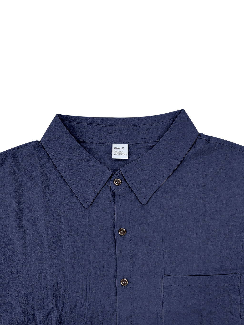 Men'S Linen Blend Long Sleeve Collared Button-Up Shirt, Casual Textured Wrinkle-Resistant Summer Top, Single Pocket Design with Adjustable Cuffs, Loose Fit Lightweight Breathable Beach Linen Shirt, V-Neck Relaxed Casual Shirt, Suitable for Vacation - Navy Color