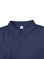 Men'S Linen Blend Long Sleeve Collared Button-Up Shirt, Casual Textured Wrinkle-Resistant Summer Top, Single Pocket Design with Adjustable Cuffs, Loose Fit Lightweight Breathable Beach Linen Shirt, V-Neck Relaxed Casual Shirt, Suitable for Vacation - Navy Color