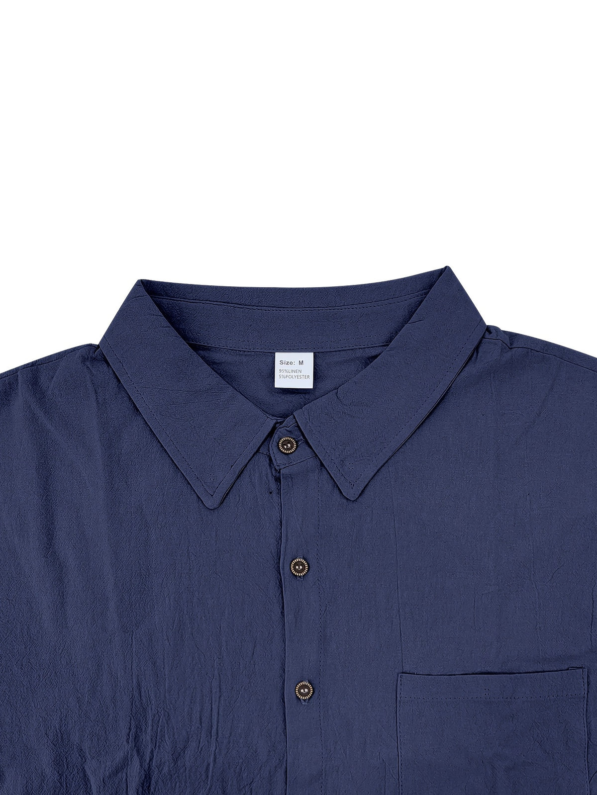 Men'S Linen Blend Long Sleeve Collared Button-Up Shirt, Casual Textured Wrinkle-Resistant Summer Top, Single Pocket Design with Adjustable Cuffs, Loose Fit Lightweight Breathable Beach Linen Shirt, V-Neck Relaxed Casual Shirt, Suitable for Vacation - Navy Color