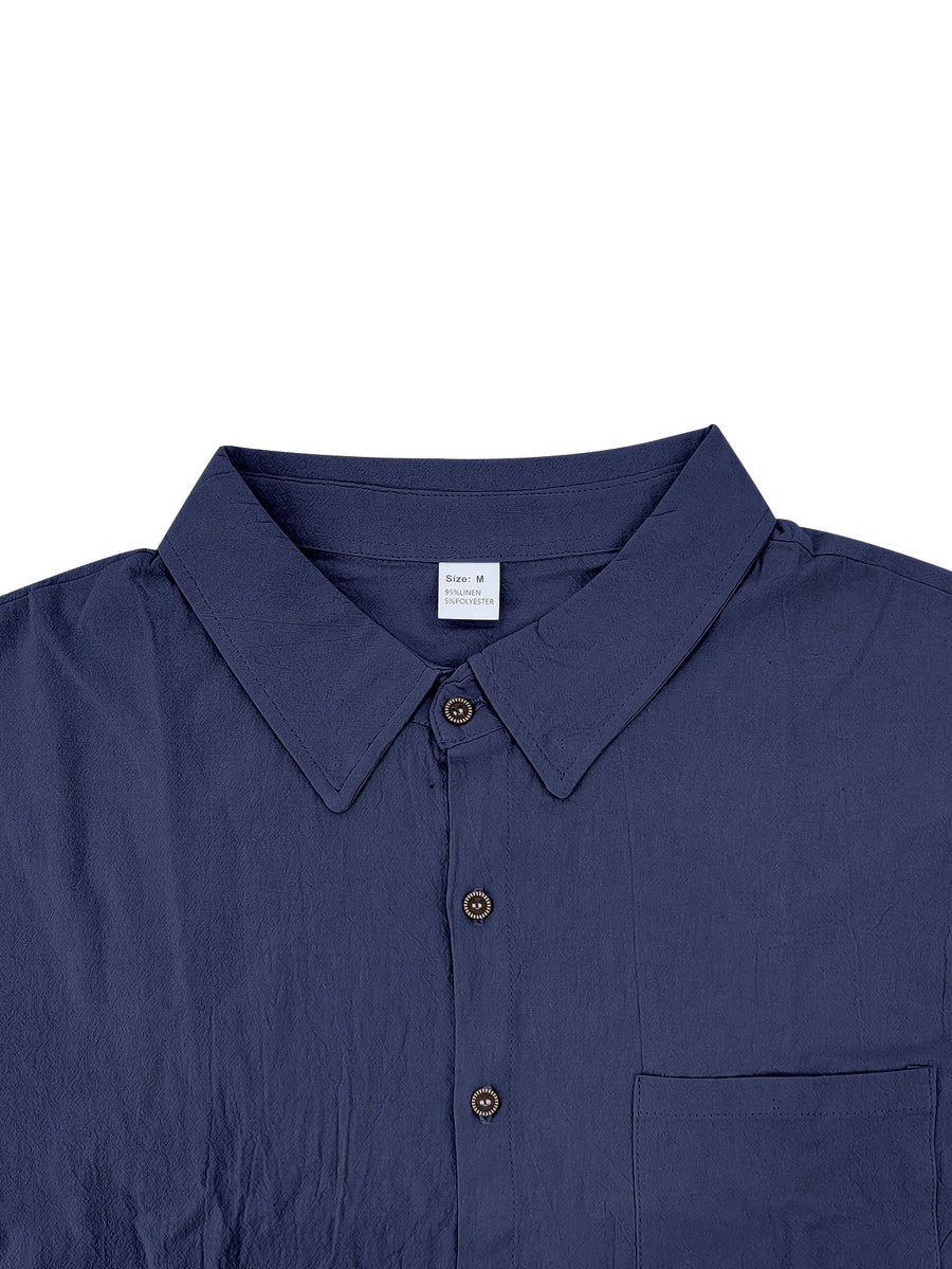 Men'S Linen Blend Long Sleeve Collared Button-Up Shirt, Casual Textured Wrinkle-Resistant Summer Top, Single Pocket Design with Adjustable Cuffs, Loose Fit Lightweight Breathable Beach Linen Shirt, V-Neck Relaxed Casual Shirt, Suitable for Vacation - Navy Color