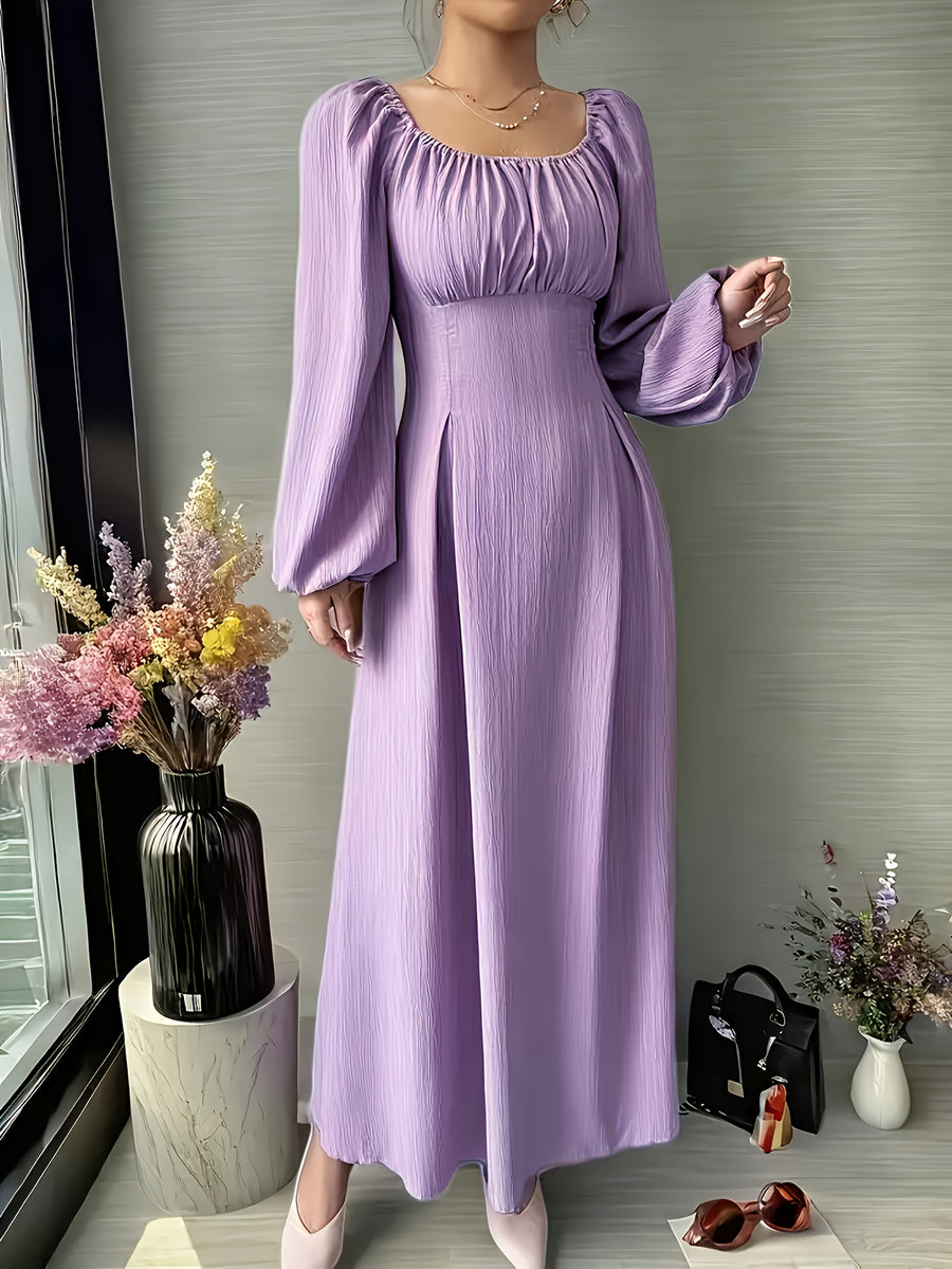 A-Line Long Dress for Women Featuring a Solid Color, Elegant Lantern Sleeves, And a Back Tie Detail - Fitted Bodice with a Flowing Skirt, Suitable for Spring, Summer, And Fall, Machine Washable Long Sleeve Dresses - Purple