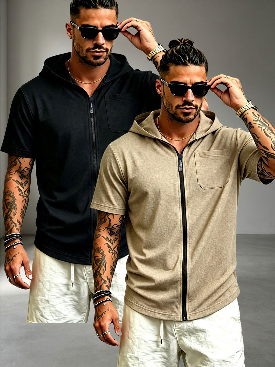 2pcs Men's Casual Sports Zipper Hooded Short-sleeved T-shirt Jacket Suitable for Sports Fitness, Beach Vacation - Black + Khaki