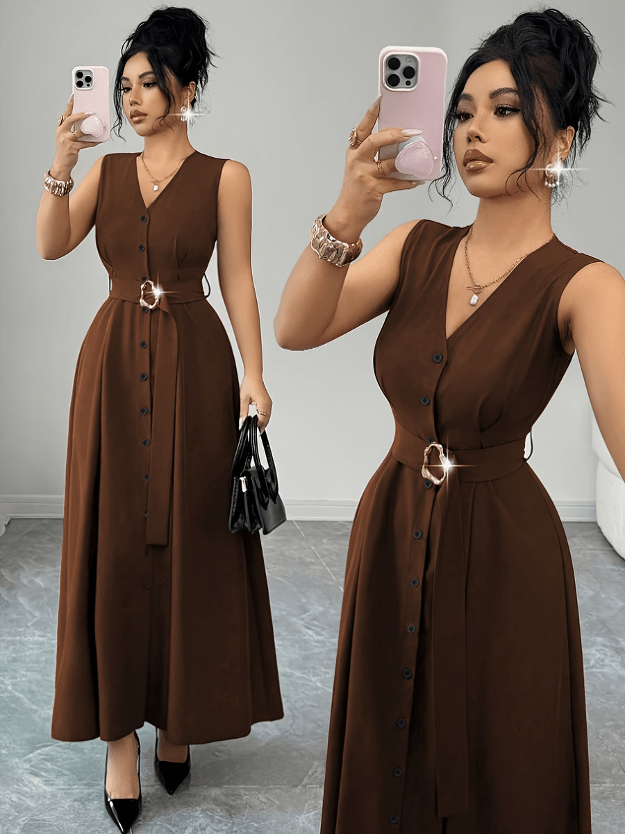 New Women's Sleeveless V-Neck Cardigan with Metal Rings, Elegant Slim-Fit Long Bridesmaid Dress, Versatile for Commuting, Parties, and Music Festivals - Dark Brown