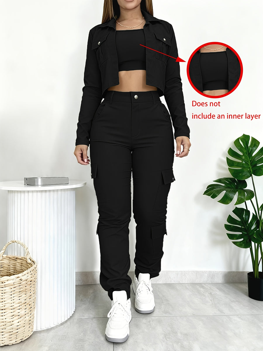 Women's Versatile 2pcs Set Featuring a Slim-fit V-neck Cropped Shirt and American-style Wide-leg Pants with Multiple Pockets, Sold Without an Inner Top - Black