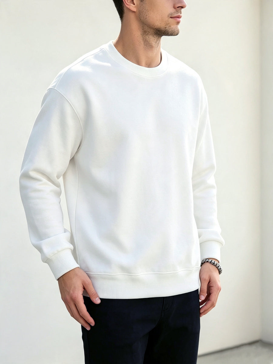 Men's Spring/Autumn Fashion Crew Neck Sweatshirt - Knitted Long Sleeve, Casual Sportswear Top, Studio Single Piece T-Shirt, Cotton Blend Knit with Slight Stretch Fabric, Pullover, New Men's Apparel Gift - White