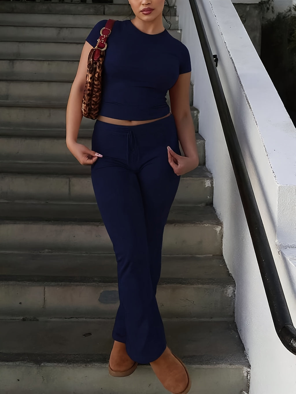 Women'S 2pcs Short Sleeve Top And Wide-Leg Pants Set, Fake Drawstring Waistband, Casual All-Season Outfit, Comfortable Home Wear, Daily Attire, Casual Style, Short Sleeve Top, Women'S Set, Women'S Clothing, Fashion Top, Autumn Women'S Wear - Navy Color