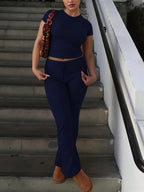 Women'S 2pcs Short Sleeve Top And Wide-Leg Pants Set, Fake Drawstring Waistband, Casual All-Season Outfit, Comfortable Home Wear, Daily Attire, Casual Style, Short Sleeve Top, Women'S Set, Women'S Clothing, Fashion Top, Autumn Women'S Wear - Navy Color